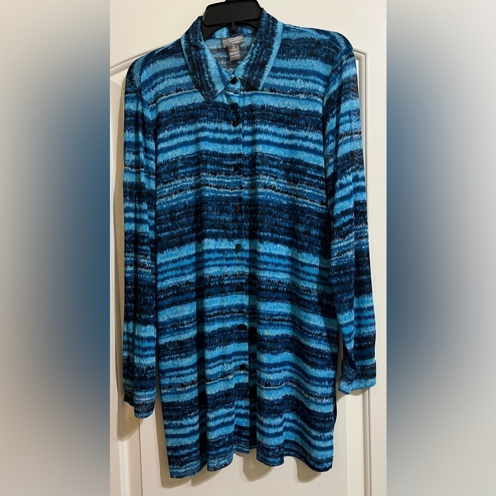 Chico's Travelers Collection Women’s Blue Tones Black Sheer Button Up Blouse L